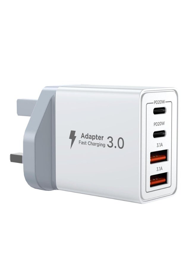 محول جدار 40W 4 منافذ (2 USB-C + 2 USB-A) - شاحن سريع يدعم PD و QC 3.0، مقبس بريطاني (UK Plug) - Image 1